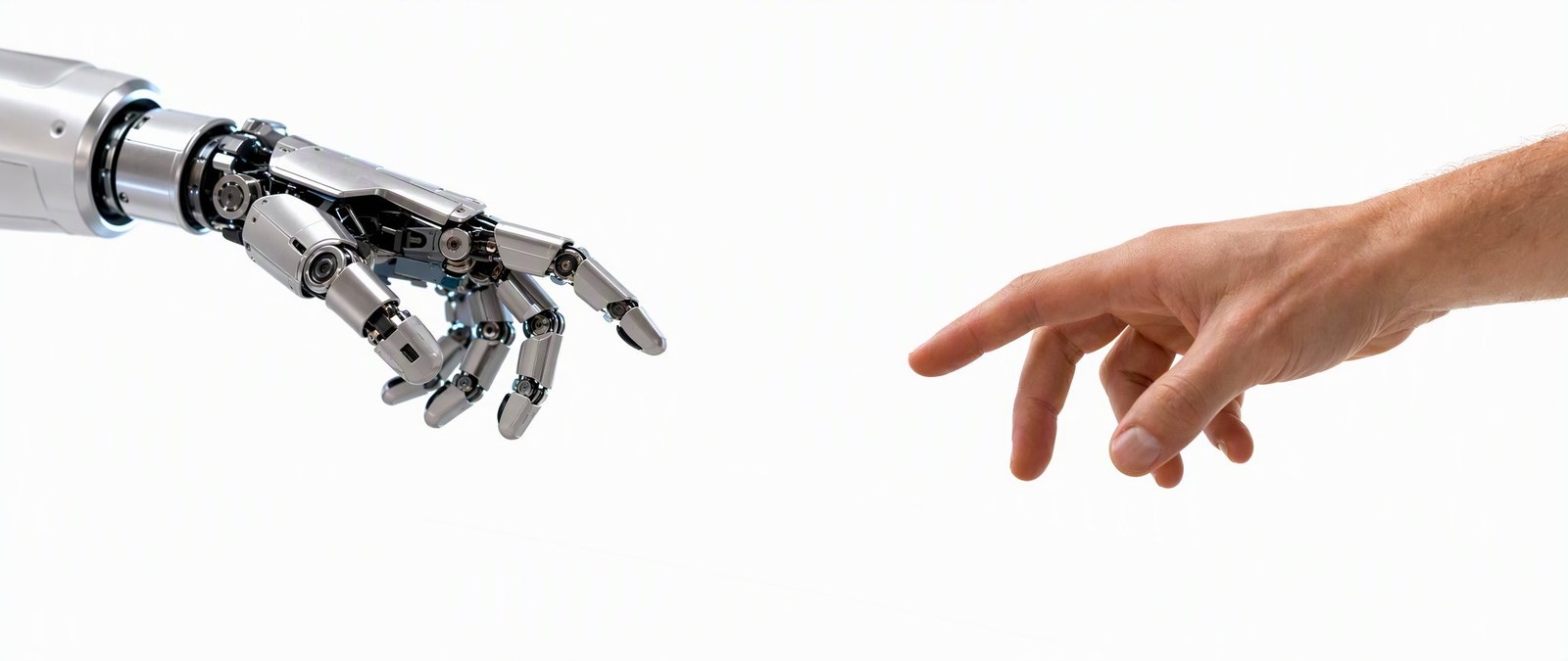 A human hand and a robotic hand reaching towards a populated circuit board