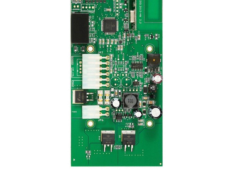 A narrow board with a black square component at one end, two wire-to-board connectors and a fine-pitch IC