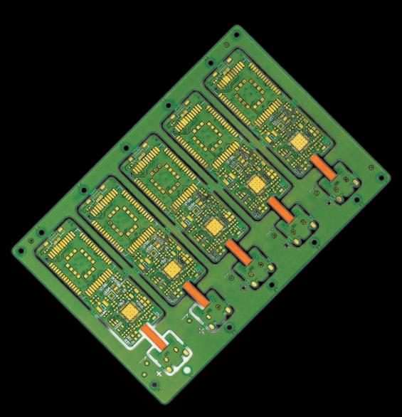 A PCB panel of identical boards, photographed before depanelisation
