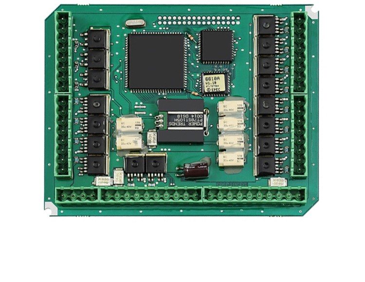 An assembled board with rows of pin headers down two sides and a large square IC
